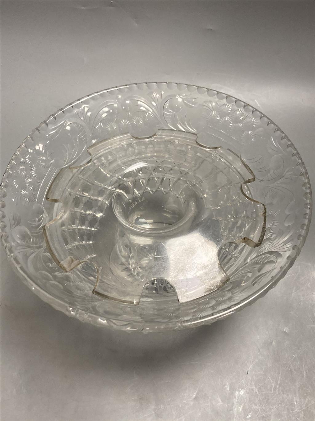 An early 20th century hobnail cut glass rose bowl, with flower and scroll decoration, associated liner, width 26cm height 17cm